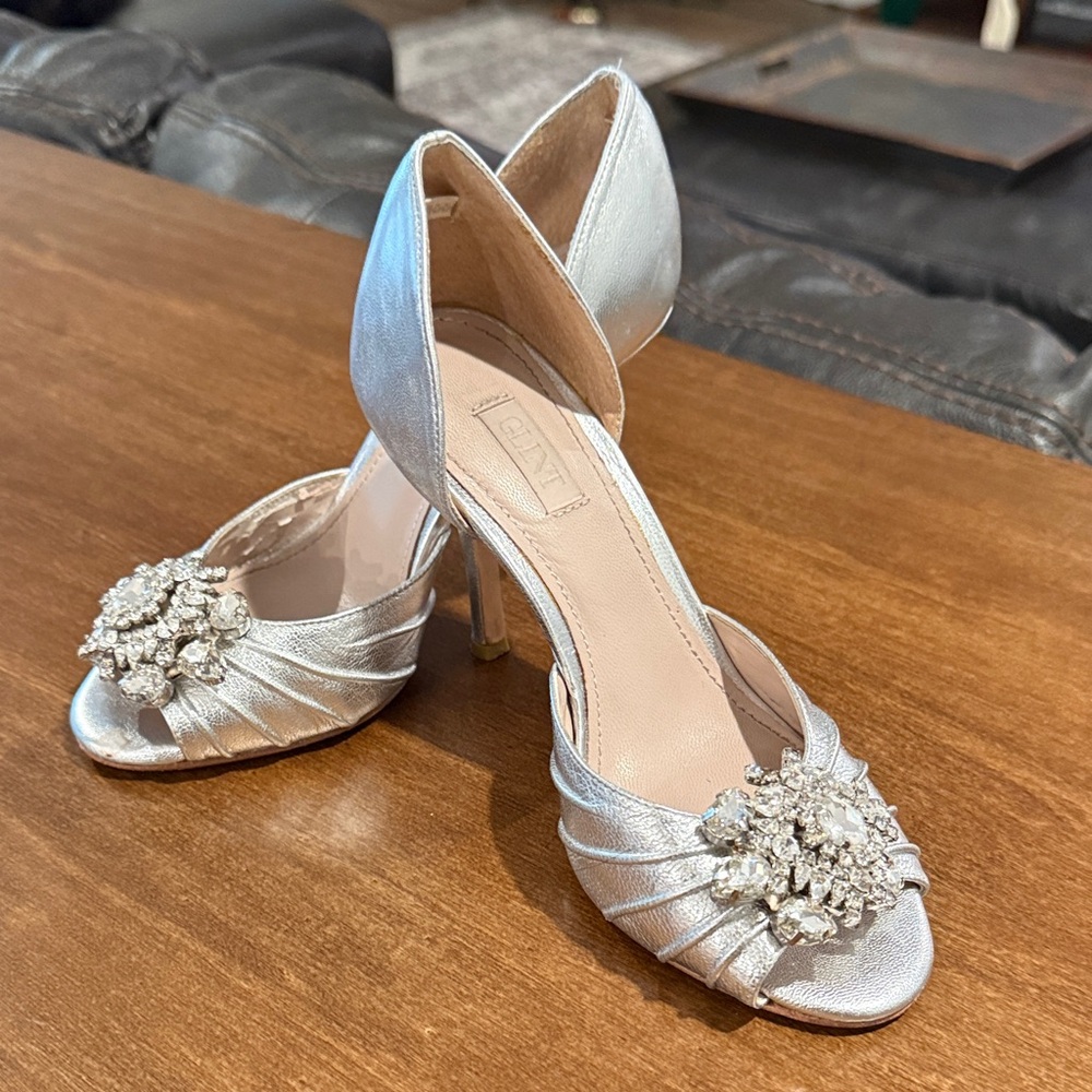 Glint Silver Leather Heels with Crystal Embellishments